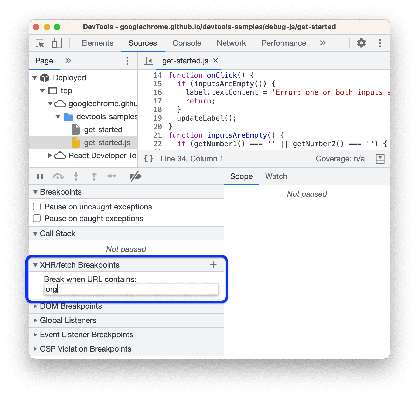 Creating an XHR/fetch breakpoint.