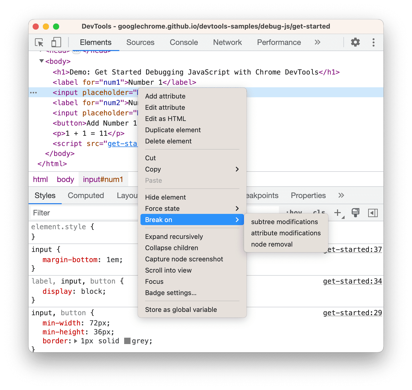 DOM 変更ブレークポイントを作成するコンテキスト メニュー。