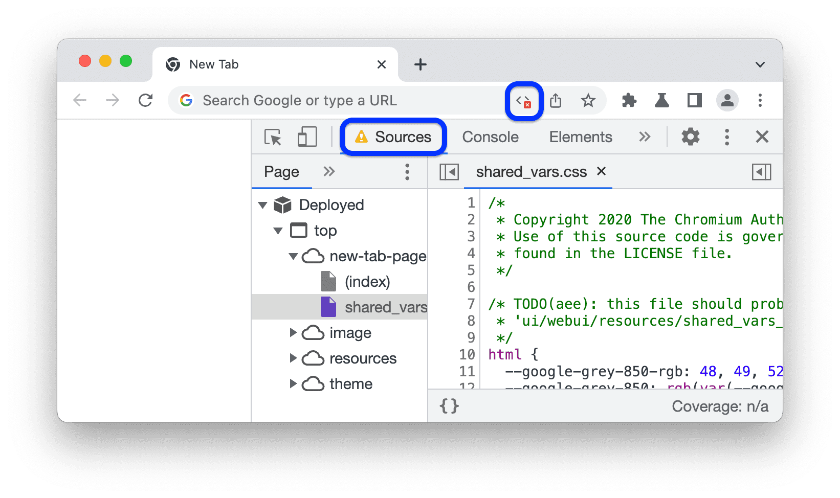 Ein Symbol in der Adressleiste und ein Warnsymbol neben „Quellen“ in den Entwicklertools.