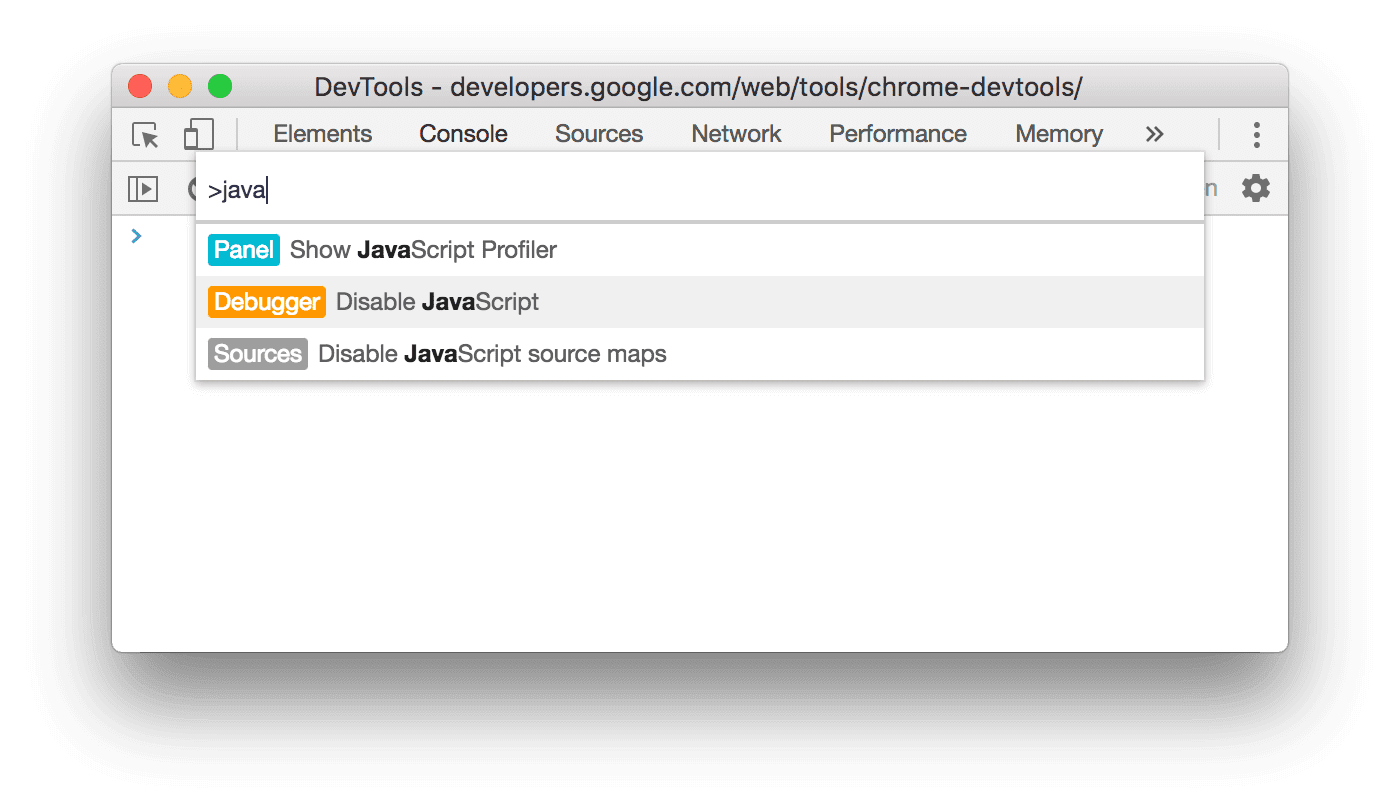 Seleziona "Disattiva JavaScript" nel menu Comando.
