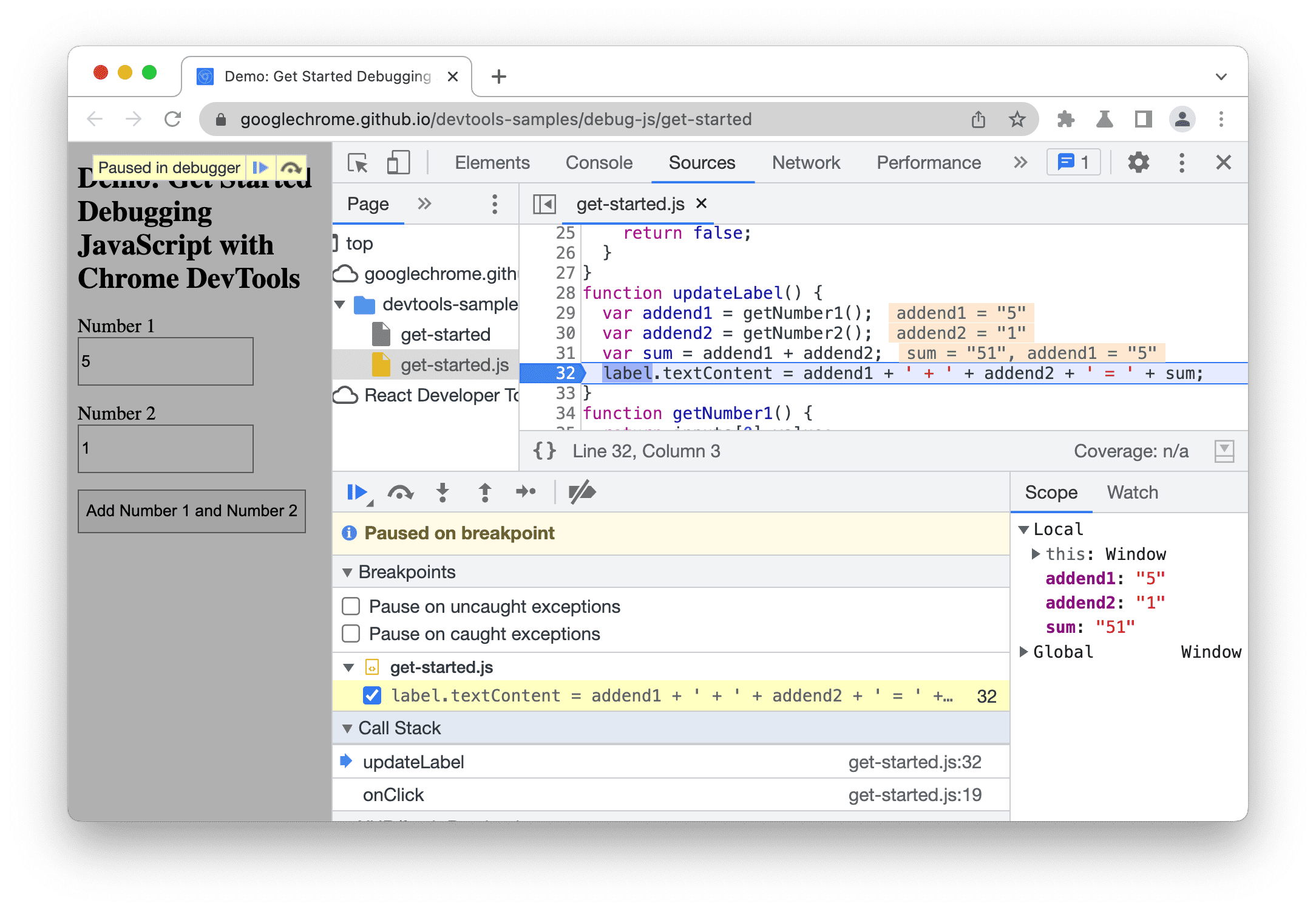 DevTools останавливается на точке останова строки кода на строке 32.