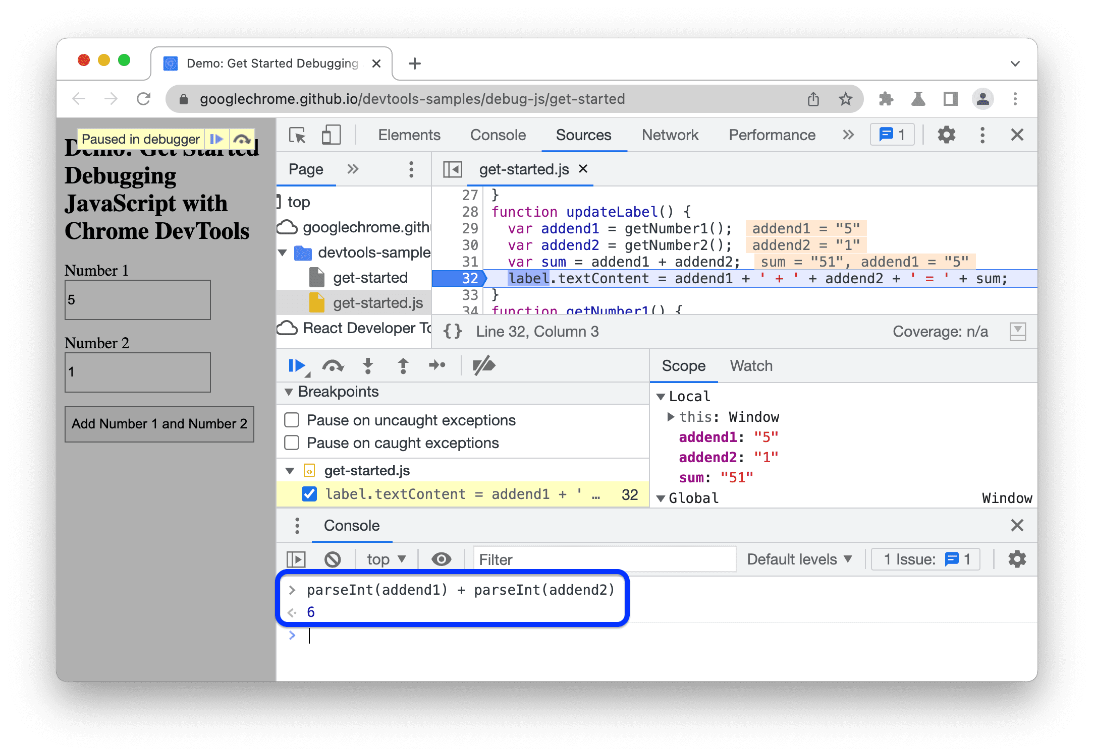 ลิ้นชัก Console หลังจากประเมินตัวแปรที่อยู่ในขอบเขตแล้ว