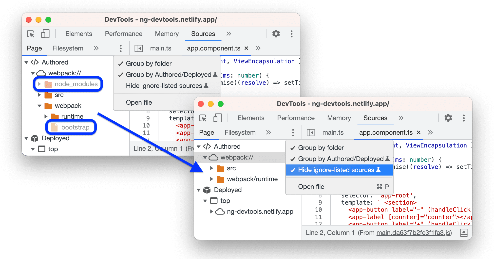 無視リストのソースを非表示にする前と後