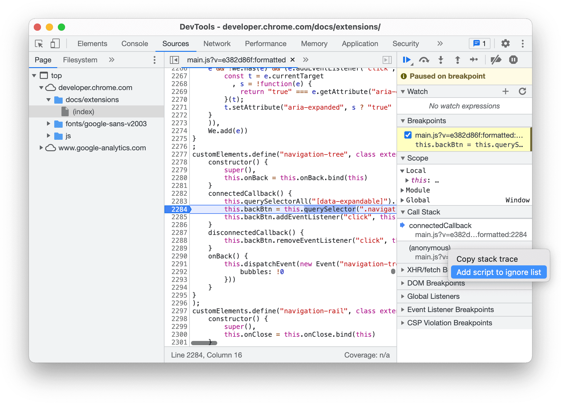 Ignorare uno script dal riquadro Call Stack.