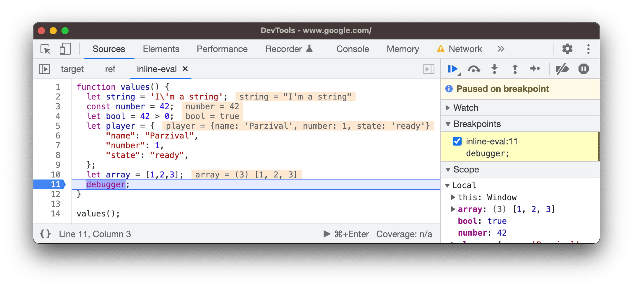 Inline evaluations displayed next to declarations.