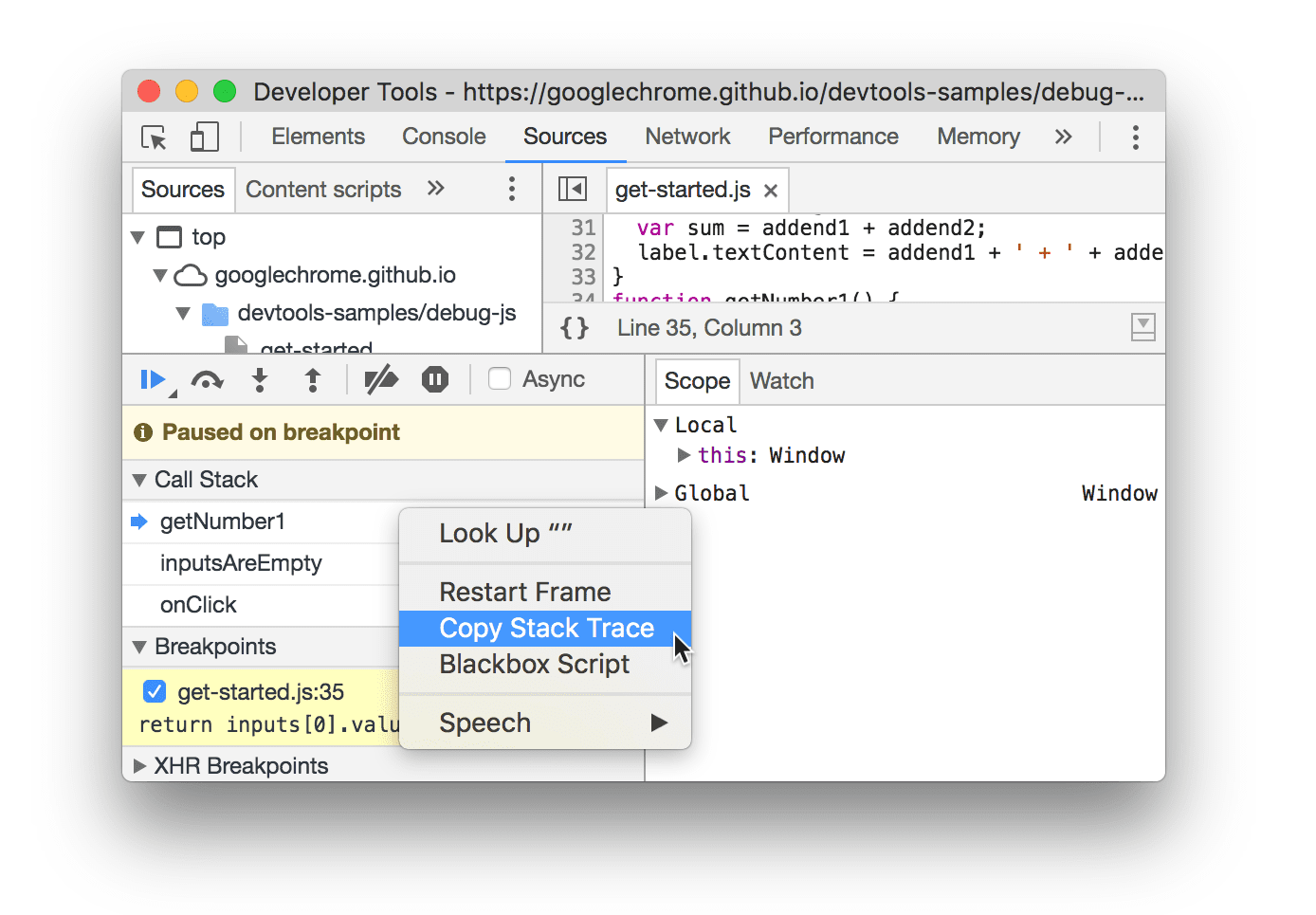 Selecciona &quot;Copy Stack Trace&quot; (Copiar seguimiento de pila).