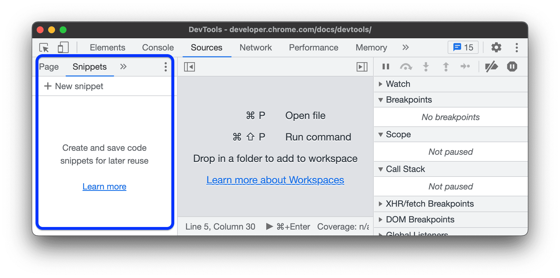 Ein leerer Bereich „Snippets“.