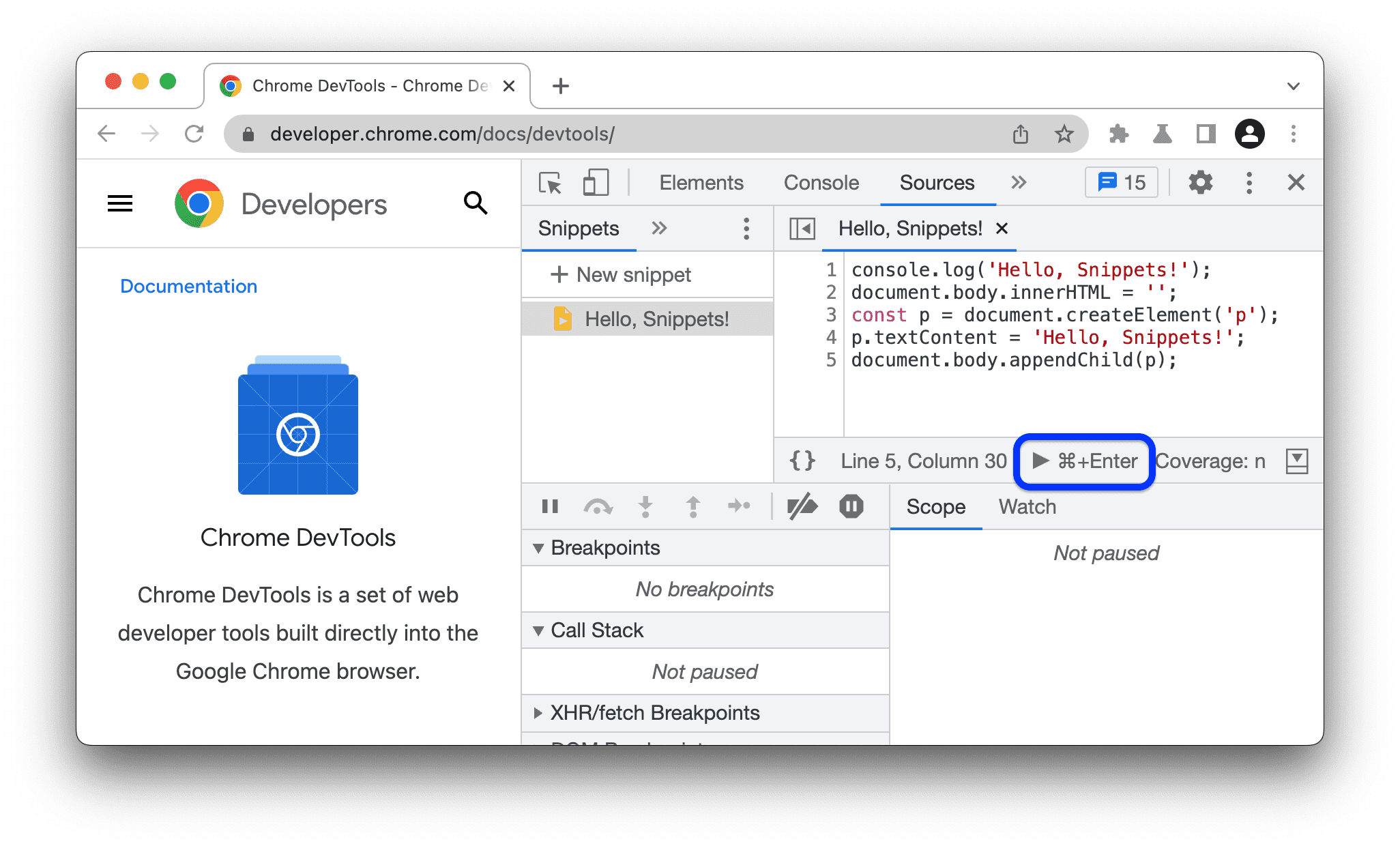 Die Startseite der DevTools-Dokumentation, bevor das Snippet ausgeführt wird. Die Schaltfläche „Ausführen“ ist hervorgehoben.