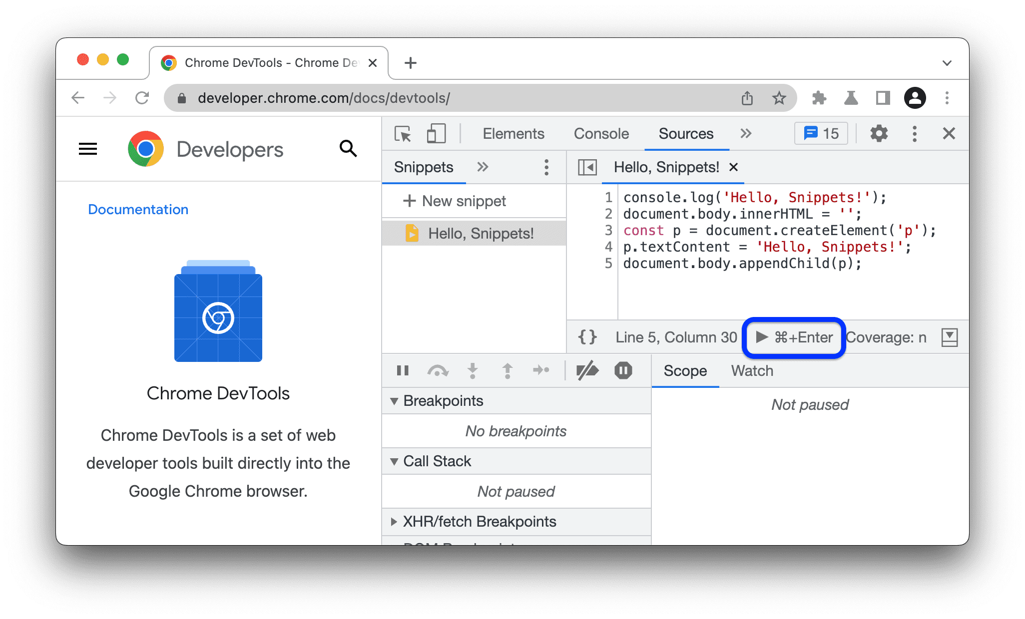 스니펫을 실행하기 전의 DevTools 문서 홈페이지 실행 버튼이 강조 표시되어 있습니다.