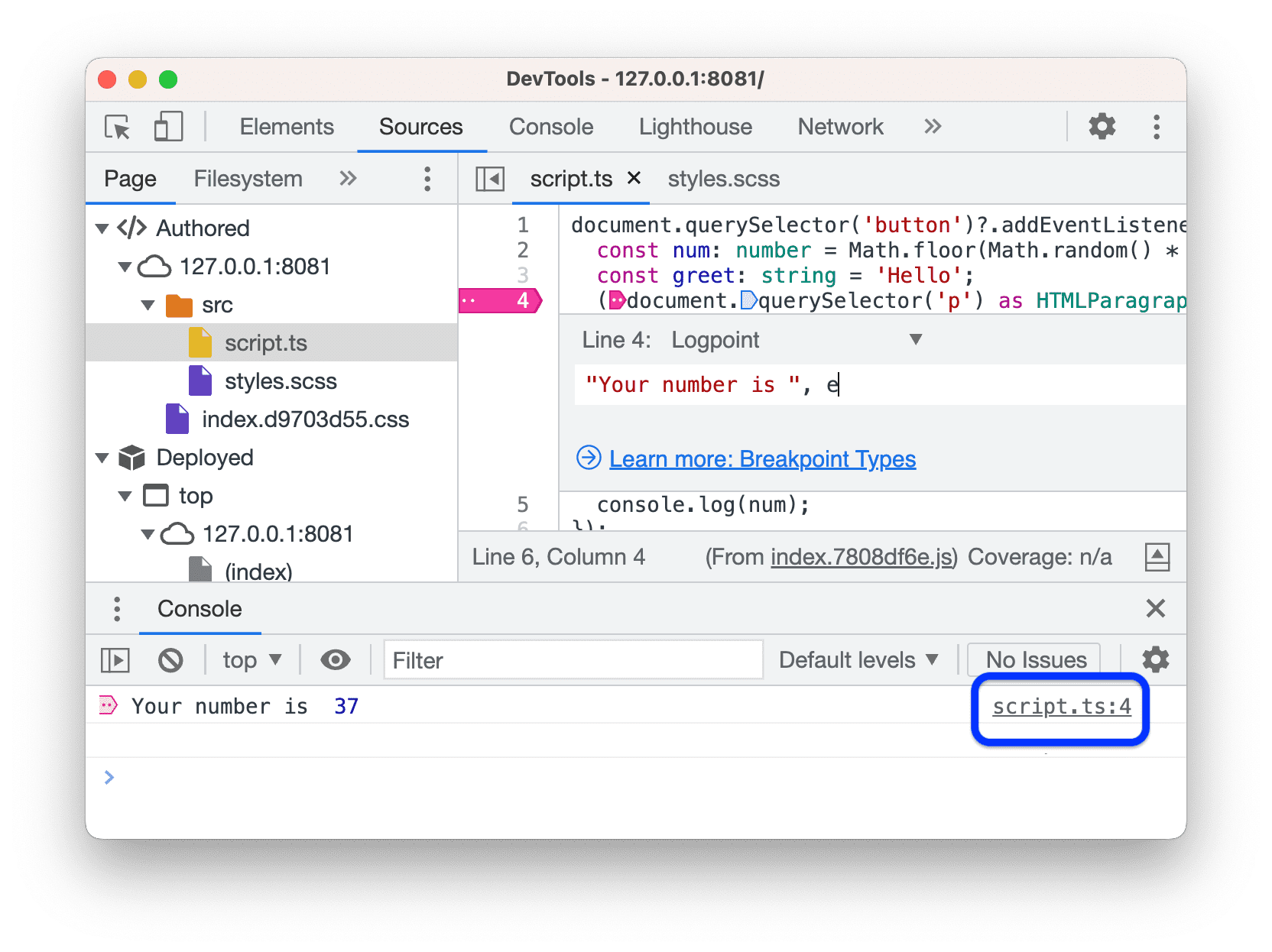 ข้อความ Console ที่มีลิงก์ไปยังไฟล์ต้นฉบับ