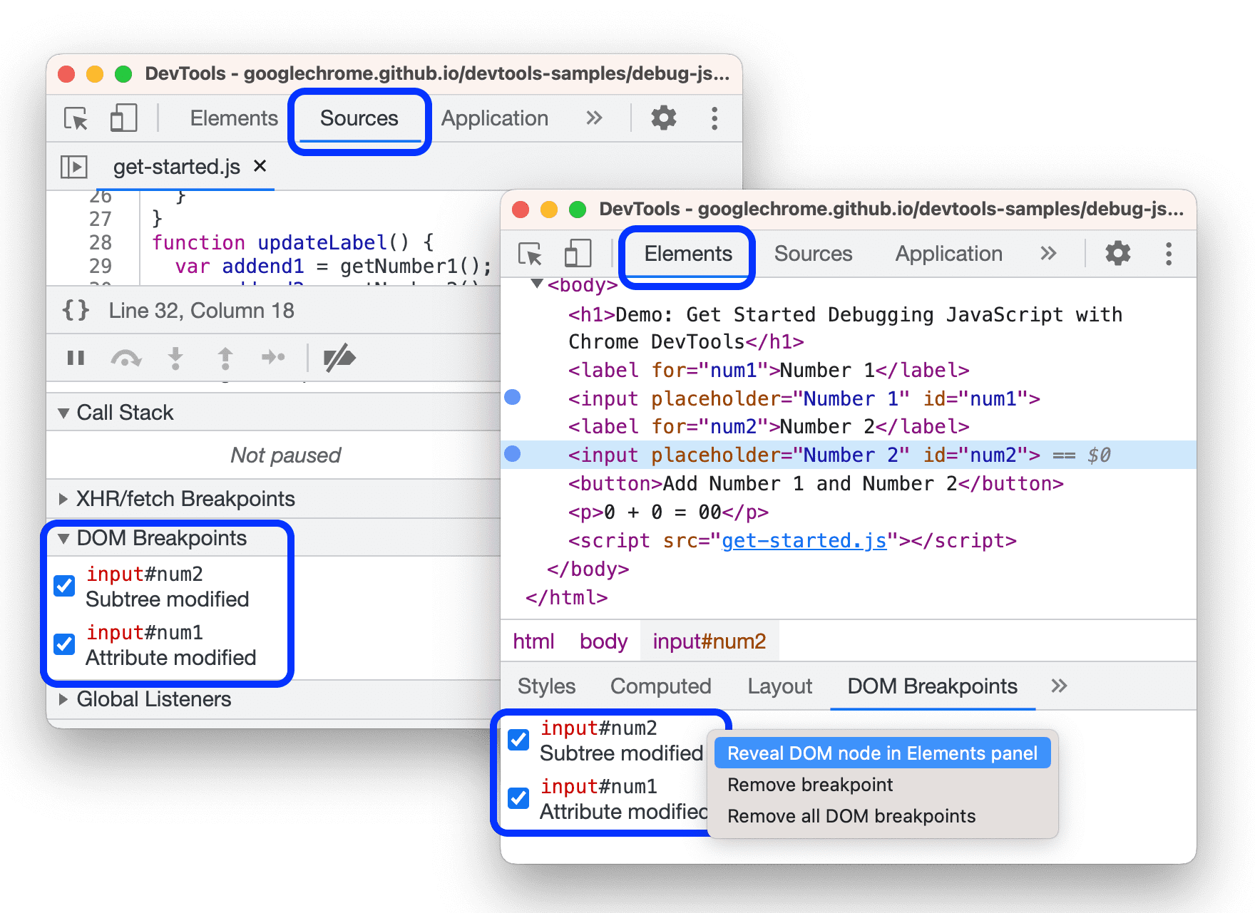 Breakpoints listed in Sources and Elements panels.