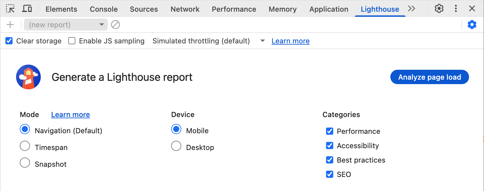 Berbagai opsi yang tersedia di panel DevTools, termasuk 'Hapus penyimpanan', 'Aktifkan pengambilan sampel JS', dan opsi pembatasan kecepatan di bagian kolom Setelan, pemilihan mode, perangkat, dan kategori