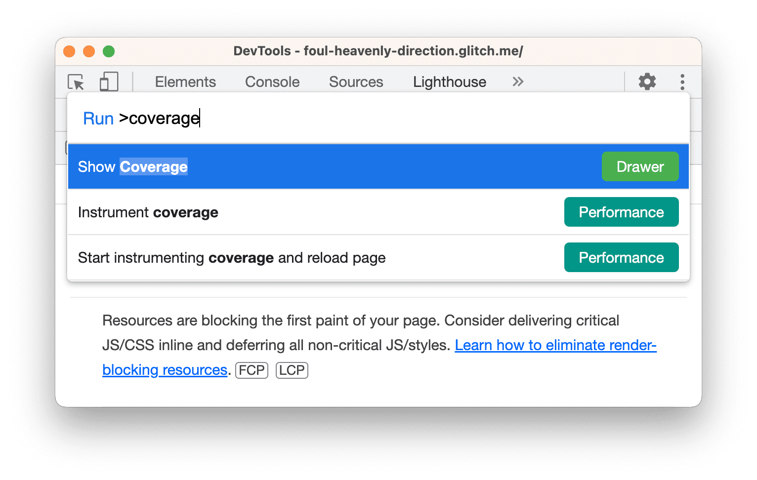 Como abrir o Command Menu no painel do Lighthouse.