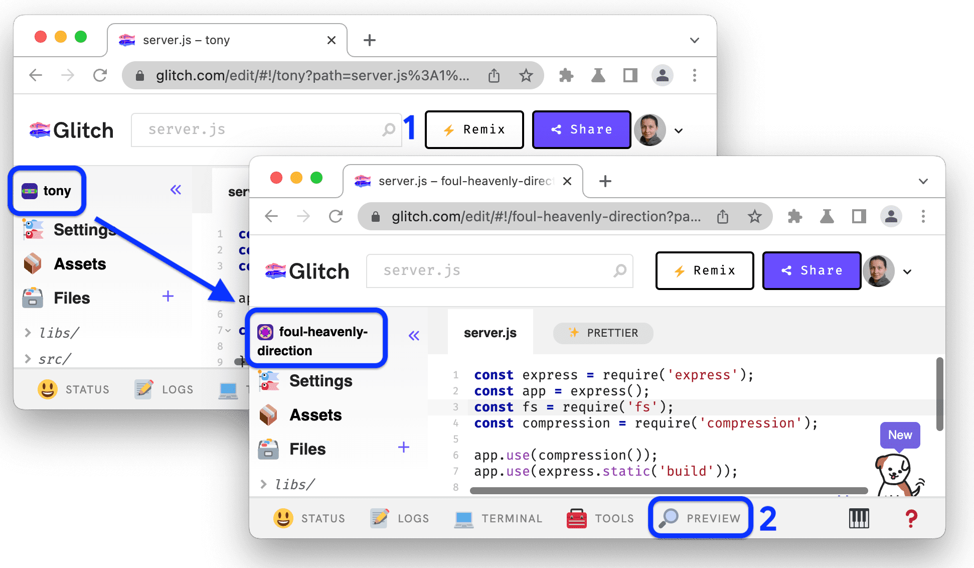 The original source and the editor tab after clicking Remix.