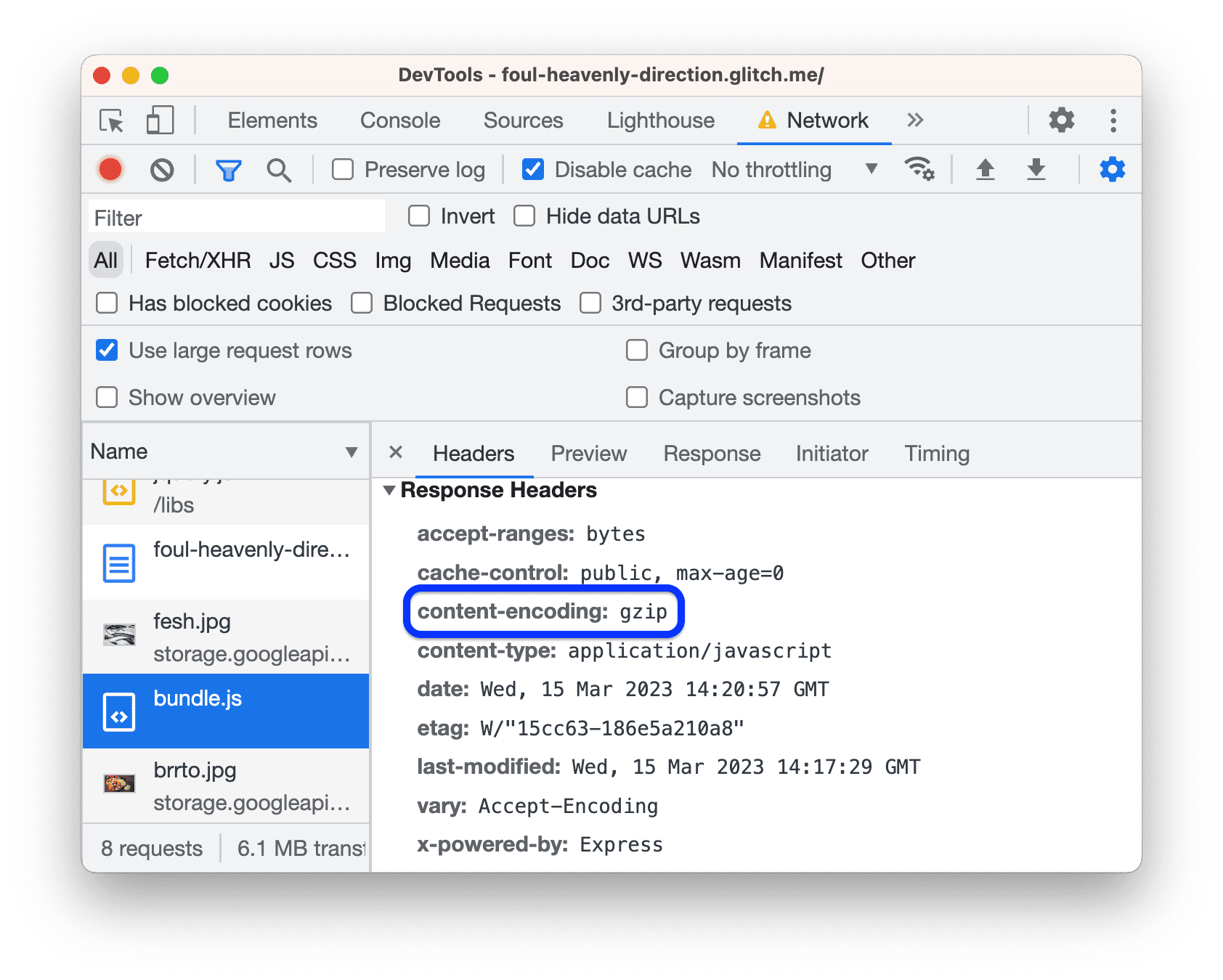 Bagian Header Respons kini berisi header encoding konten.