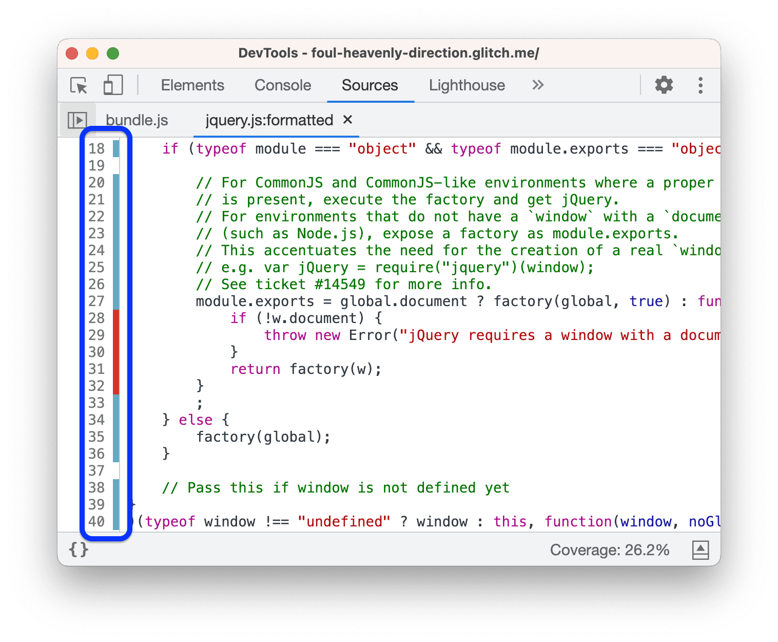 Visualización del archivo jQuery en el panel Sources