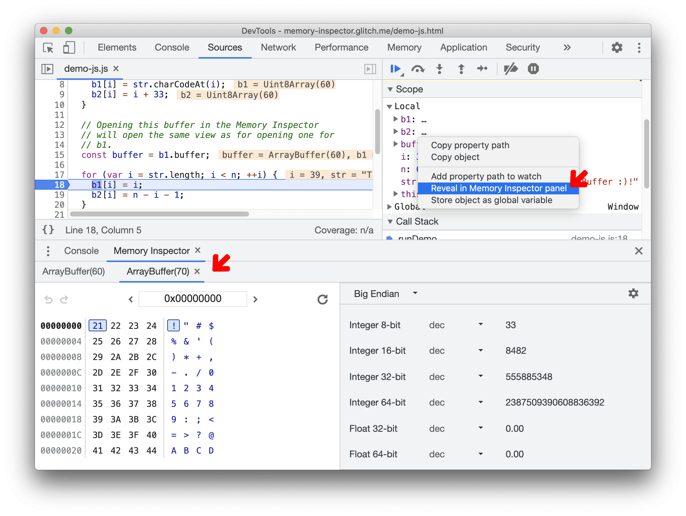 Neuer Tab im Memory Inspector