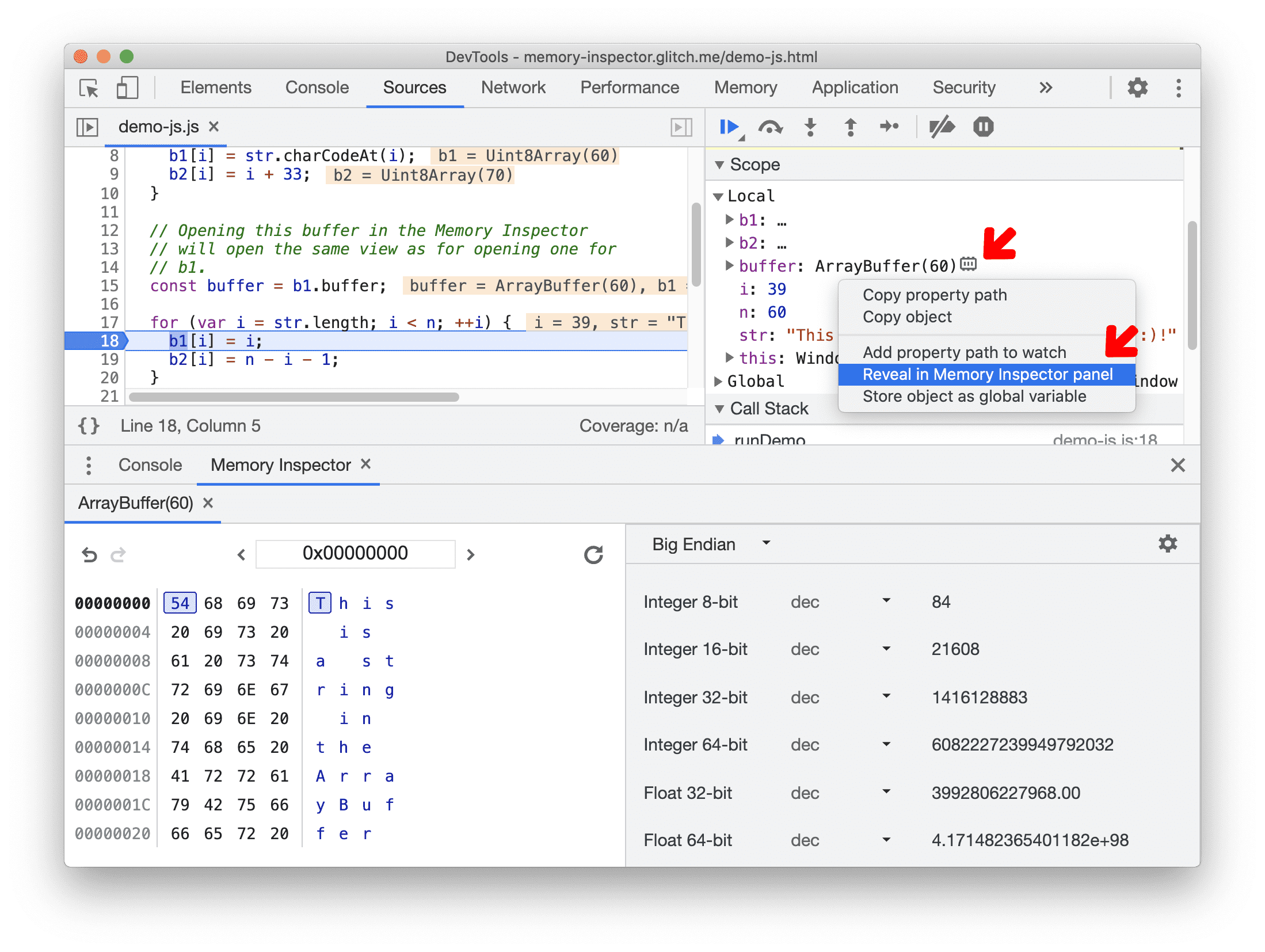 Im Steuerfeld für den Memory Inspector anzeigen