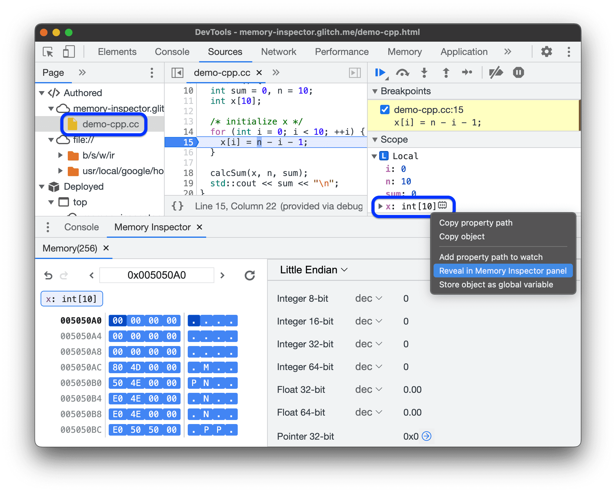 A matriz x aberta no Memory Inspector.