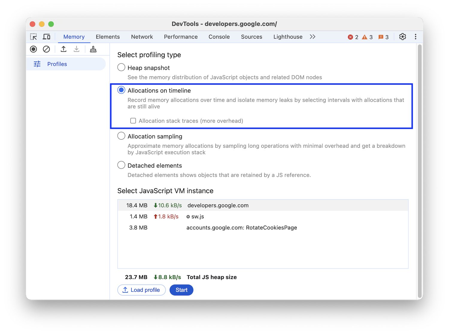 Record allocations on a timeline' option highlighted.