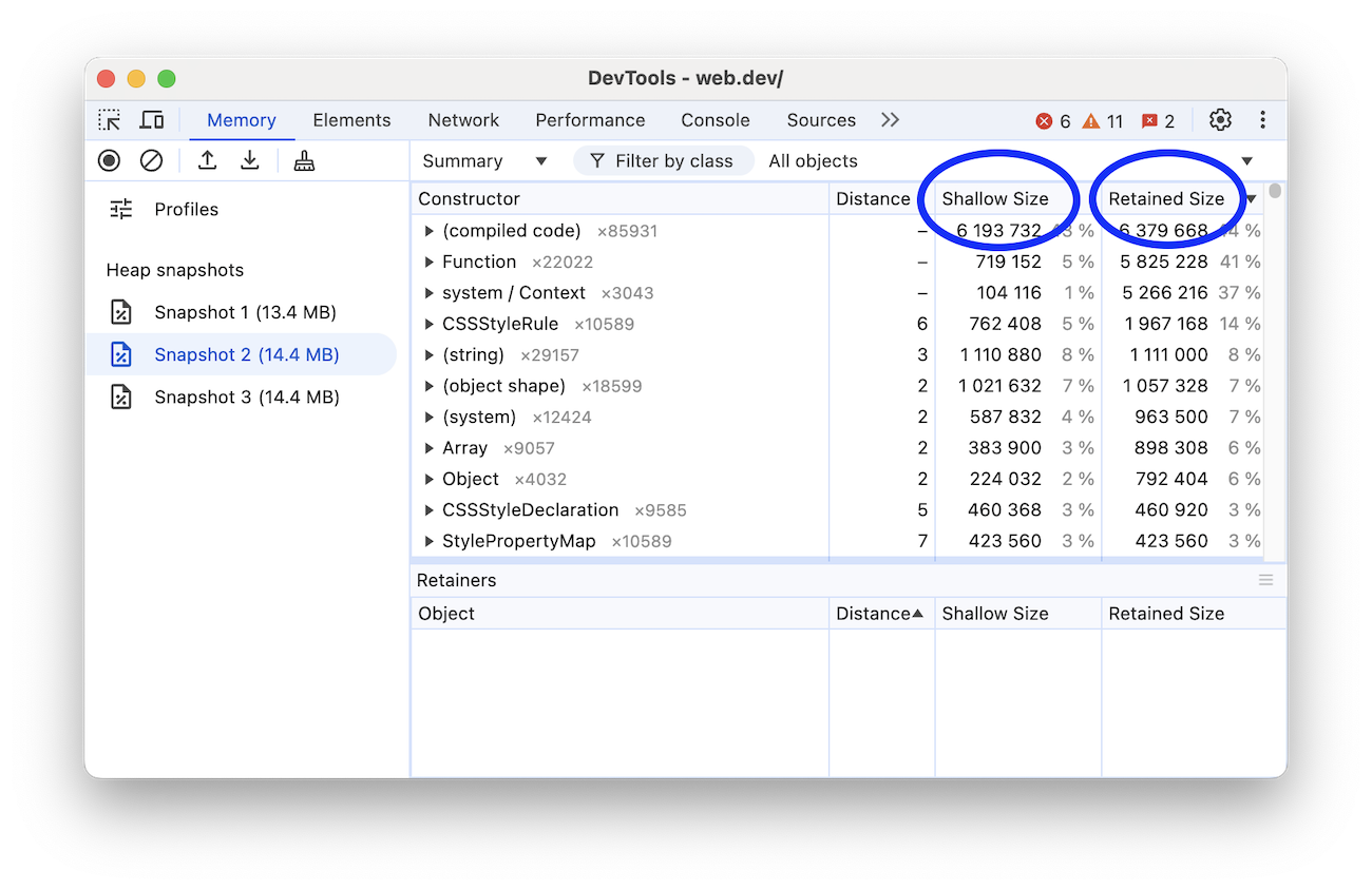 Columnas Shallow y Retained Size en el panel Memory.