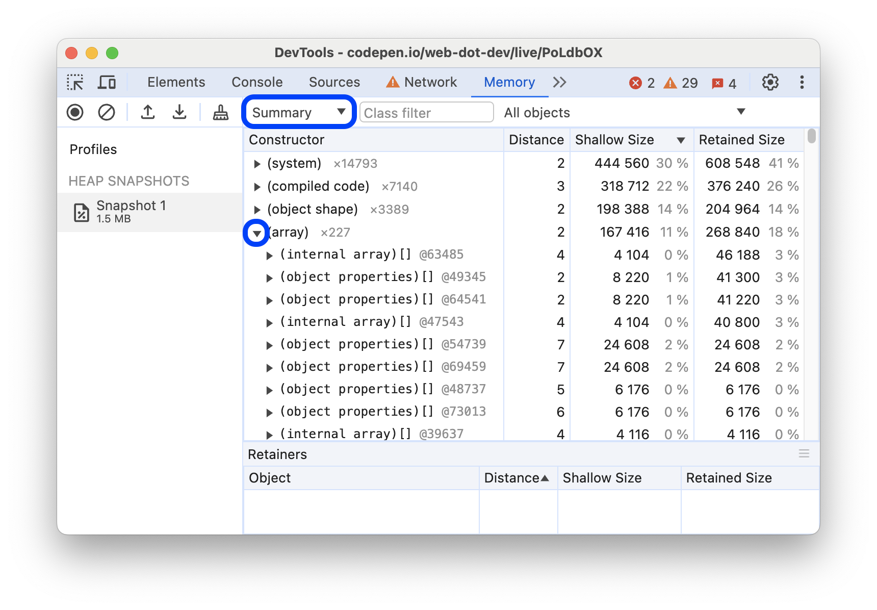 La vista Summary con un constructor expandido.