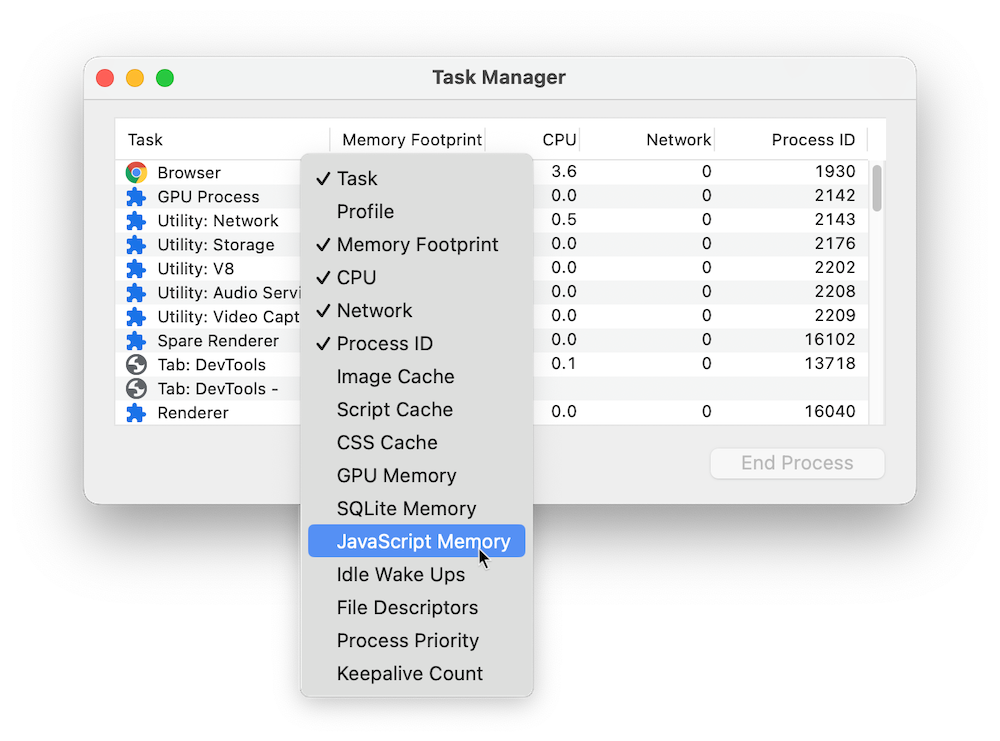 Attivazione della memoria JS nell'intestazione di Task Manager.