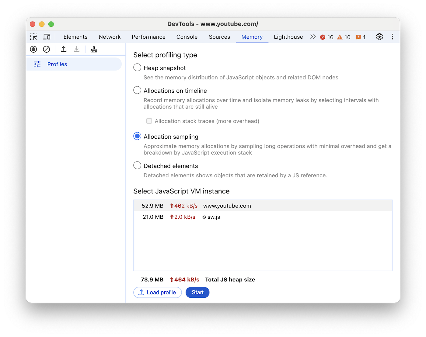 Profileur d'échantillonnage des allocations dans le panneau "Mémoire".