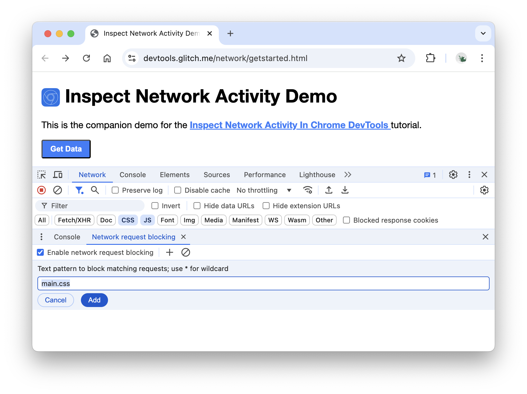 Блокирующий файл main.css в панели «Сеть»