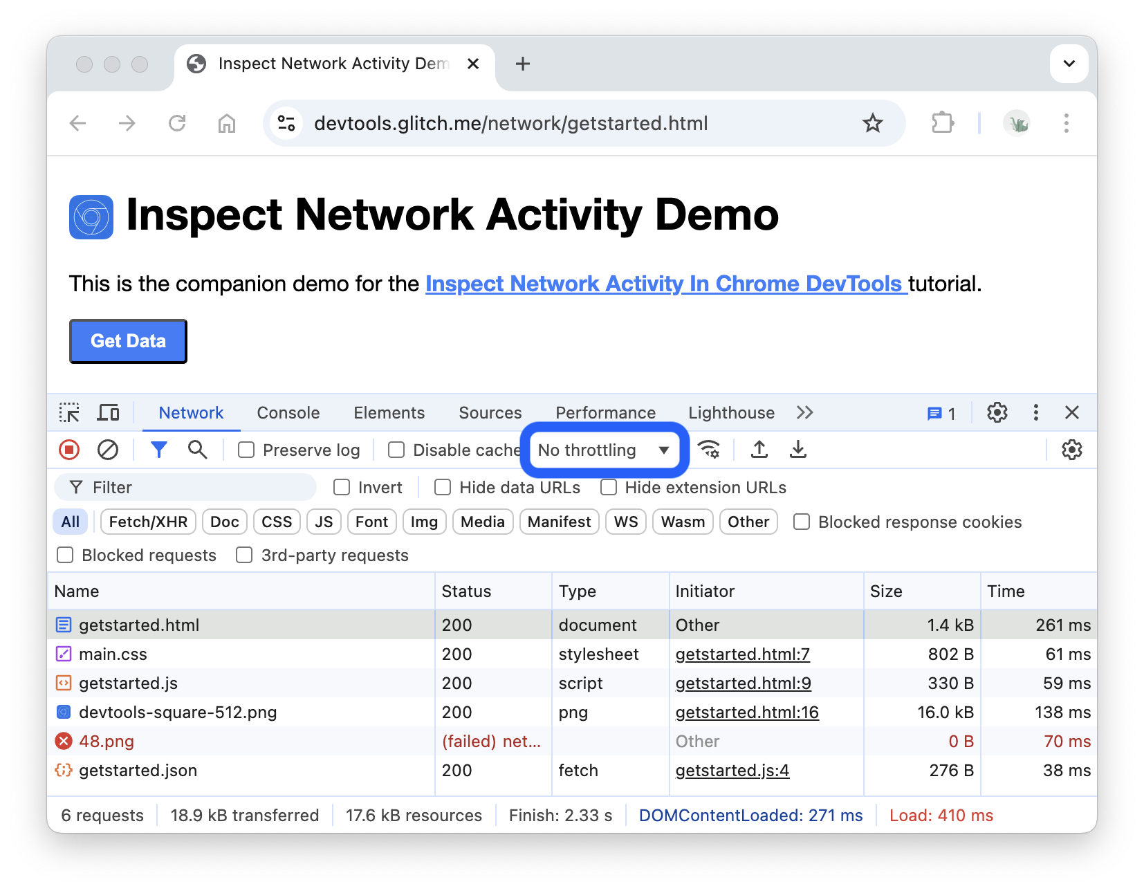 Menu suspenso de limitação no painel &quot;Network&quot;.