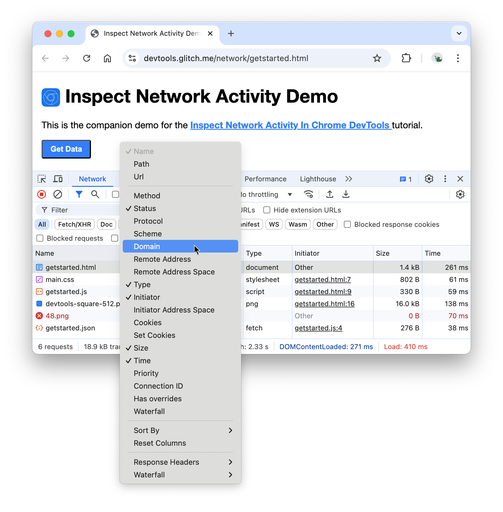 Enabling the Domain column.