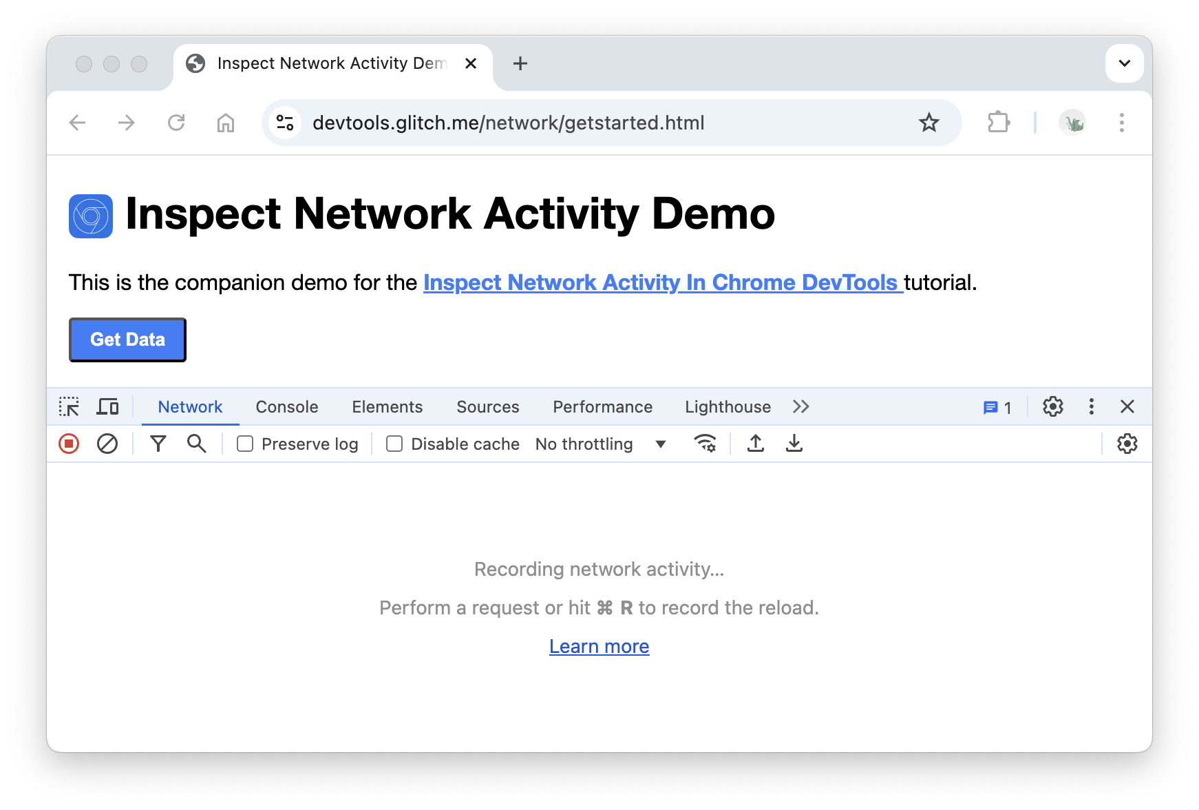 ウィンドウの下部にドッキングされたデベロッパー ツールの [ネットワーク] パネル。
