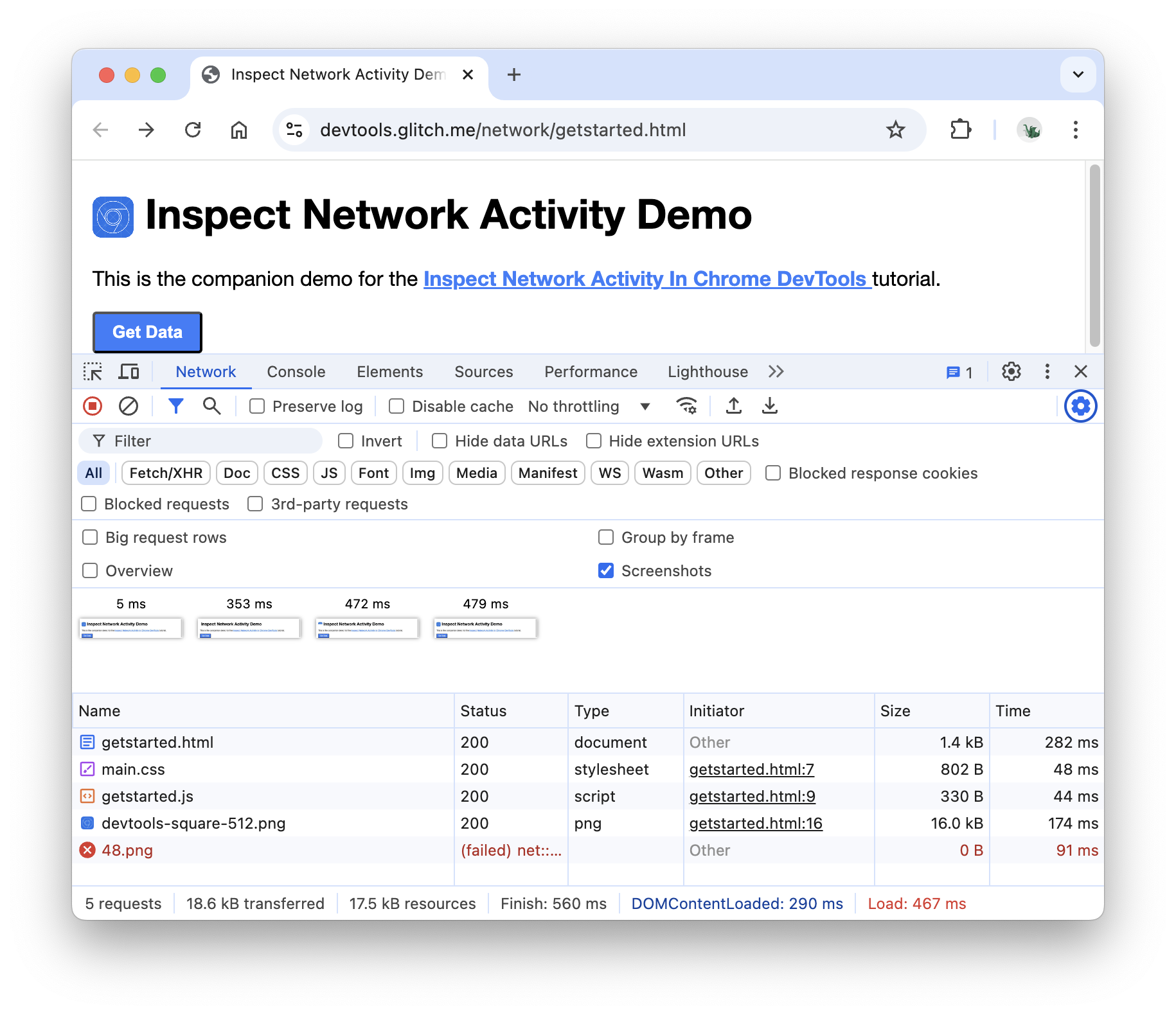 Screenshots of the page load in the Network panel.