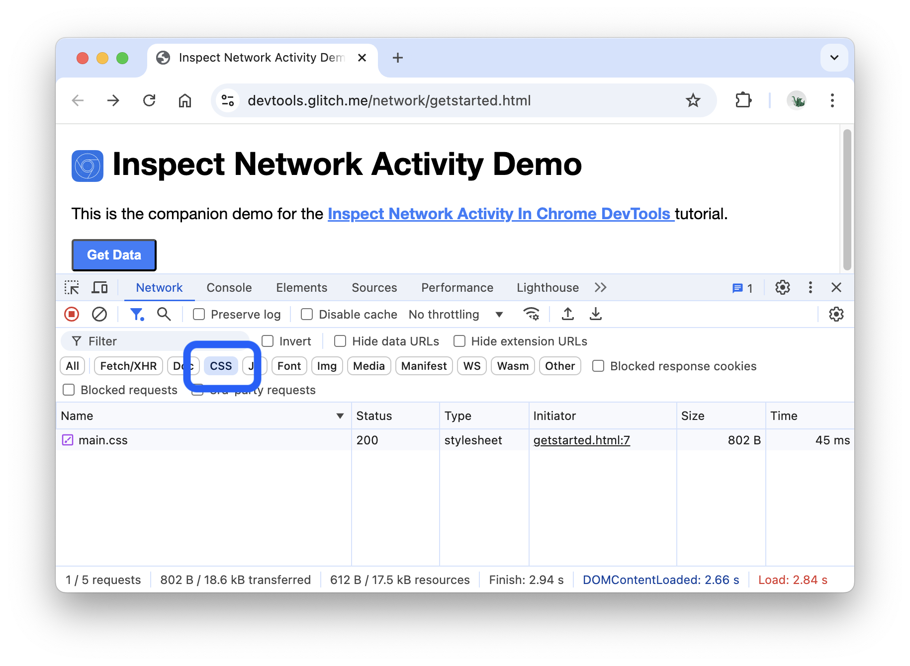 CSS ファイルのみを表示するネットワーク パネル。