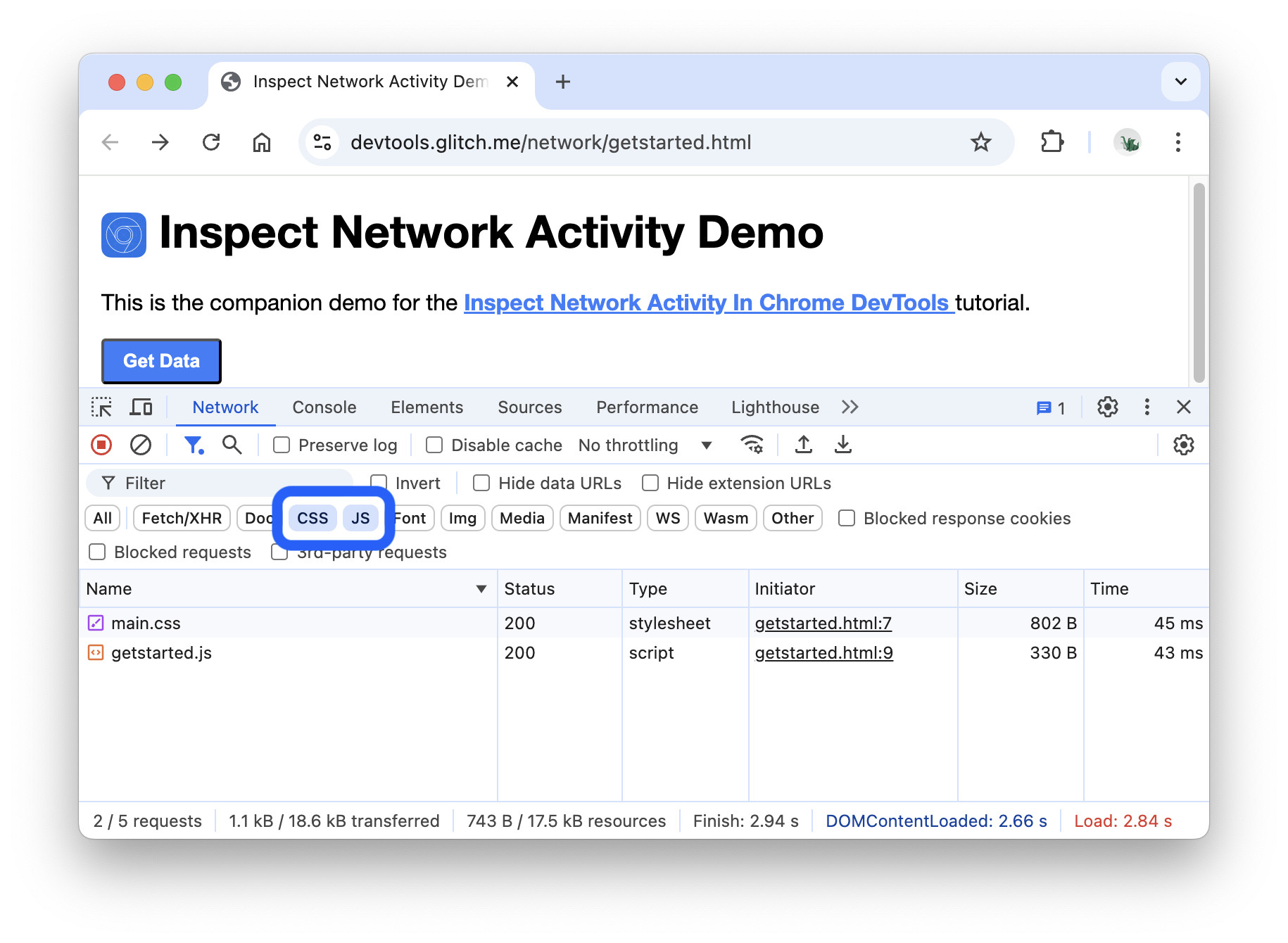 CSS ファイルと JS ファイルのみを表示するネットワーク パネル。