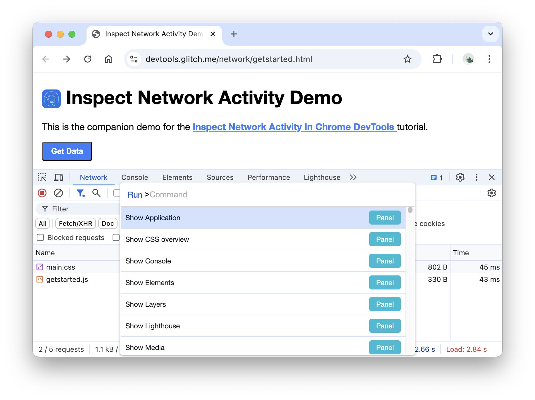 O menu de comando no painel Network.