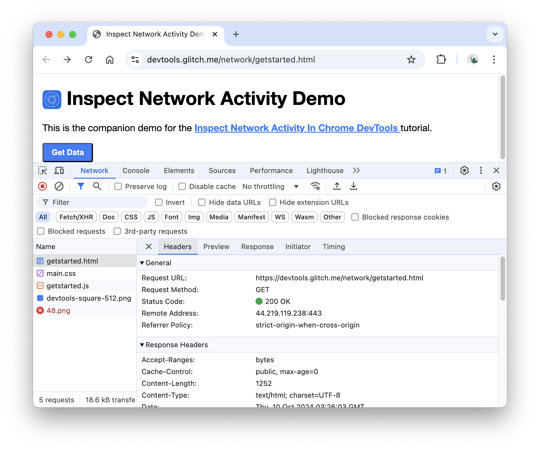 The Headers tab in the Network panel.