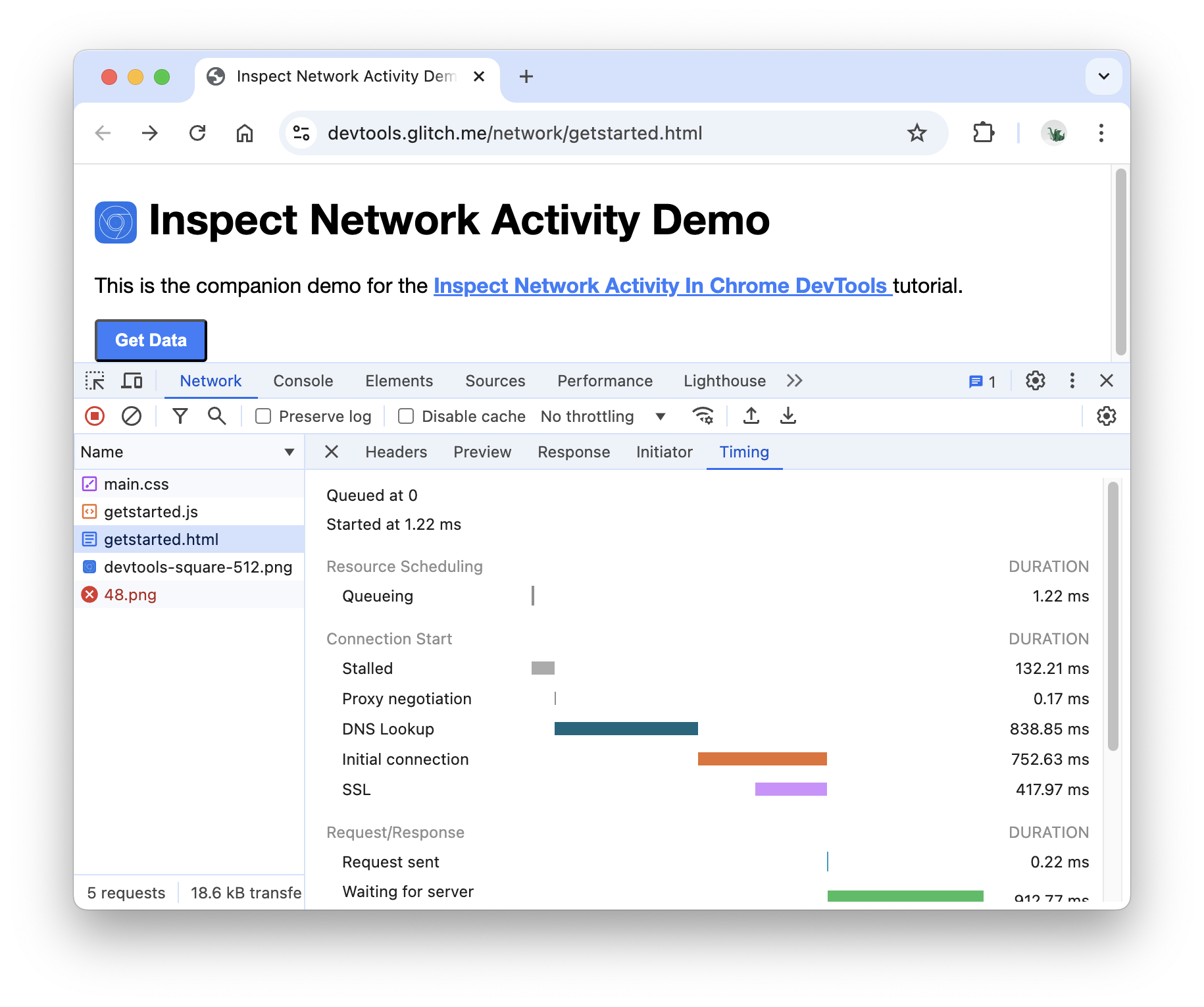 “Network”面板中的“Timing”标签页。