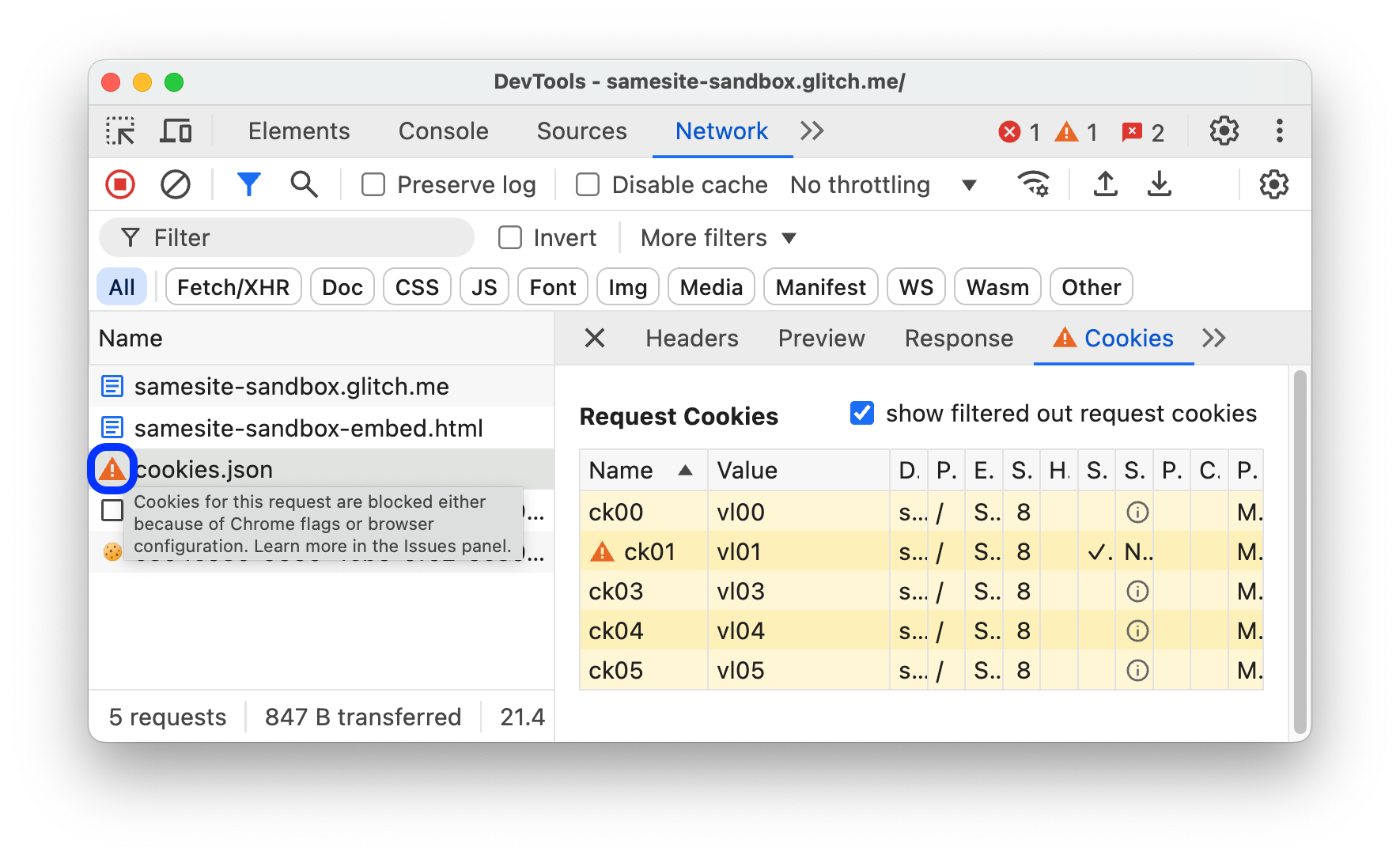 Warning icons next to requests affected by the third-party cookie phaseout.