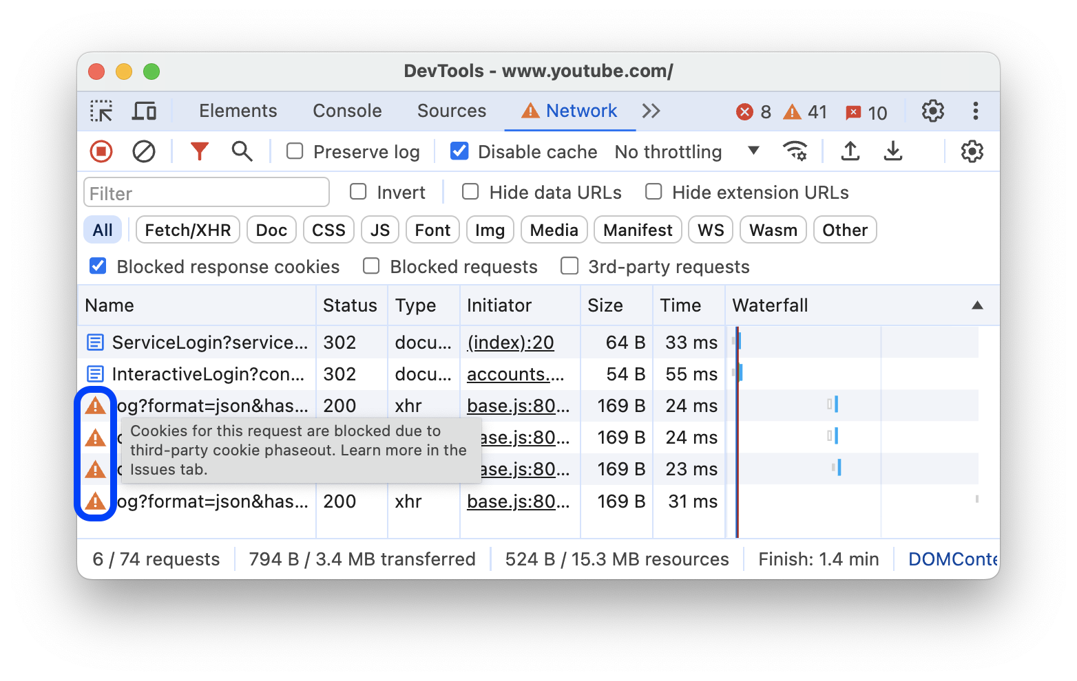 Ikon peringatan di samping permintaan yang diblokir oleh tanda atau konfigurasi Chrome.