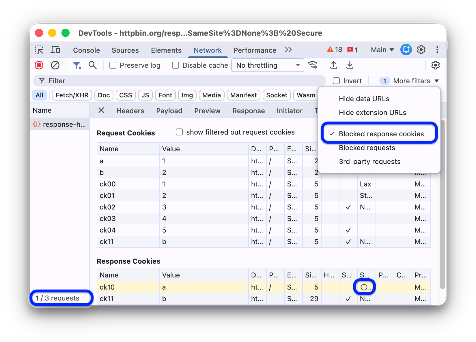 The Requests table shows only the requests with blocked response cookies.