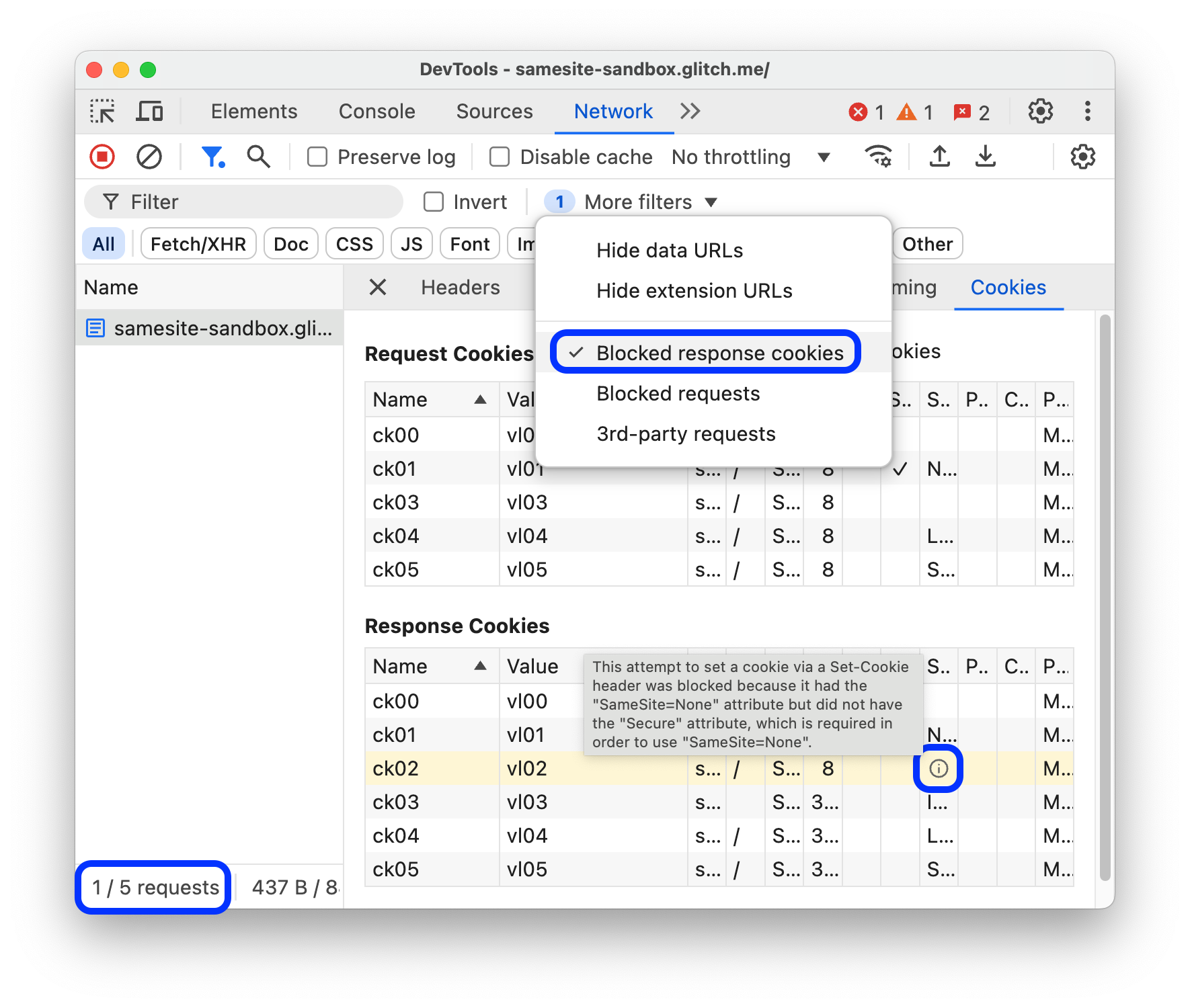 In der Tabelle „Anfragen“ werden nur die Anfragen mit blockierten Antwort-Cookies angezeigt.