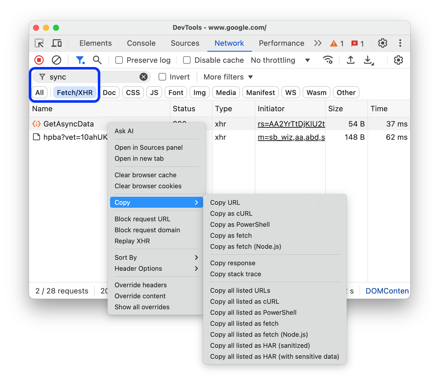 Copy options for a filtered set of requests.