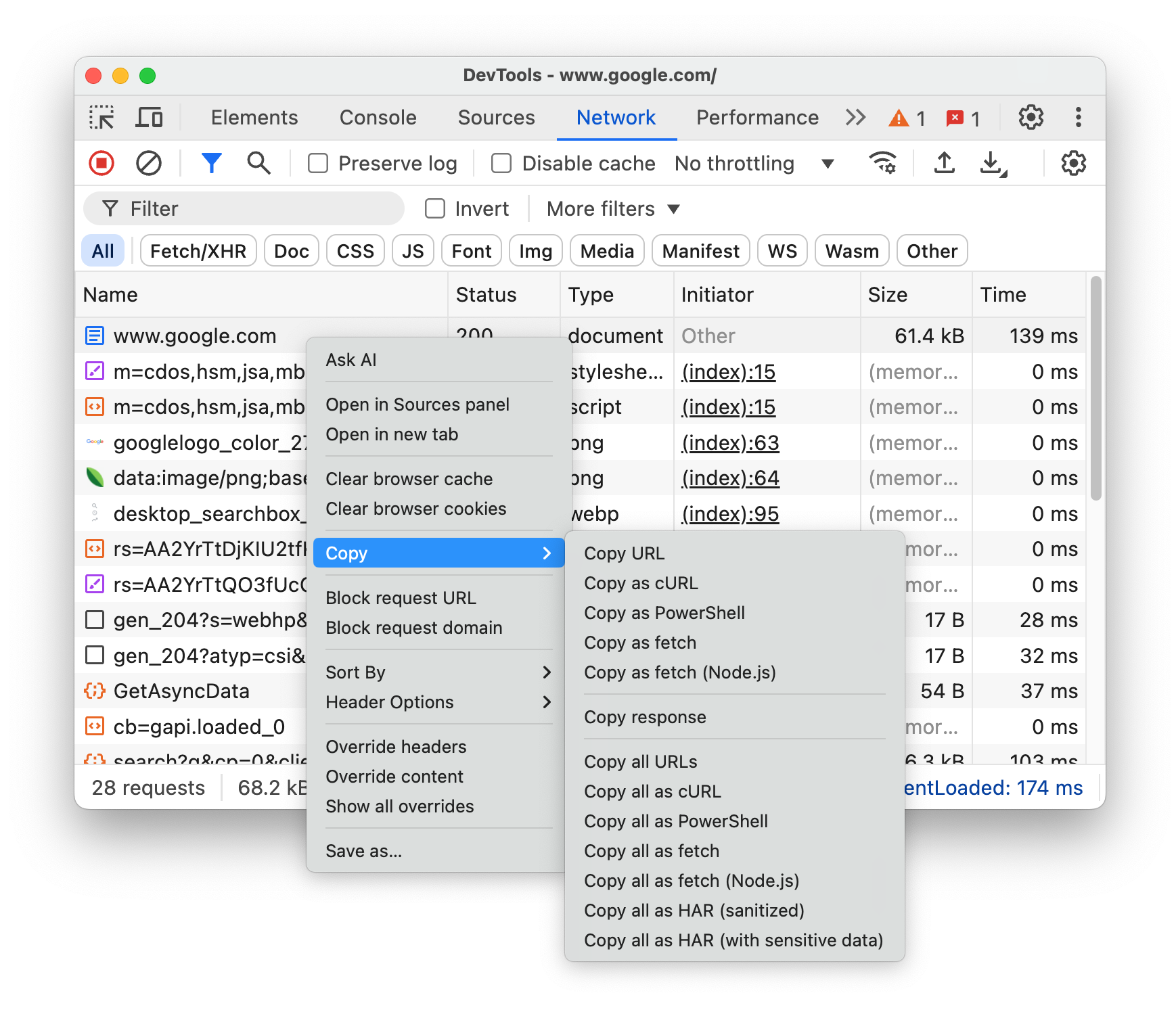 Options for copying all requests.