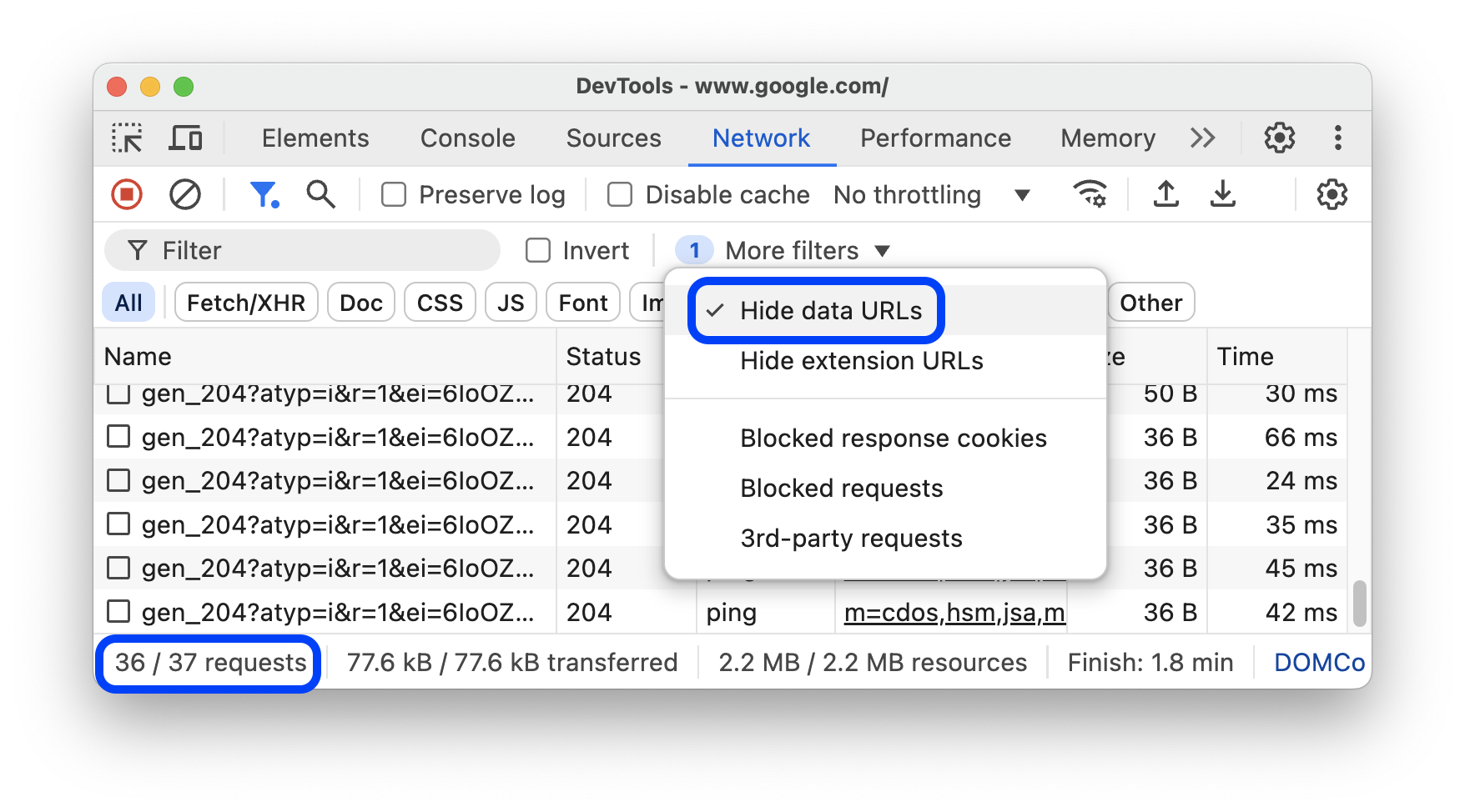 Veri URL'leri, İstekler tablosunda gizlenir.