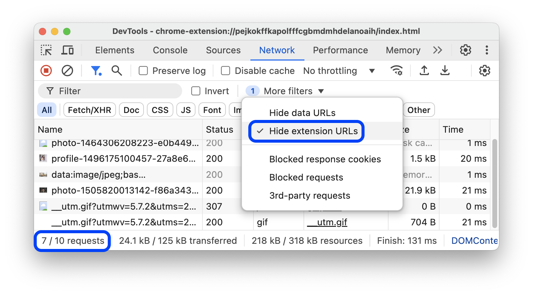 Las URLs de extensión se ocultan de la tabla Requests.