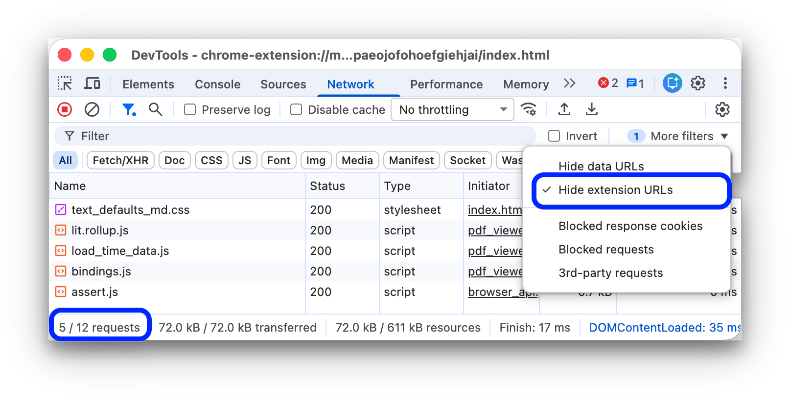 Extension URLs hidden from the Requests table.