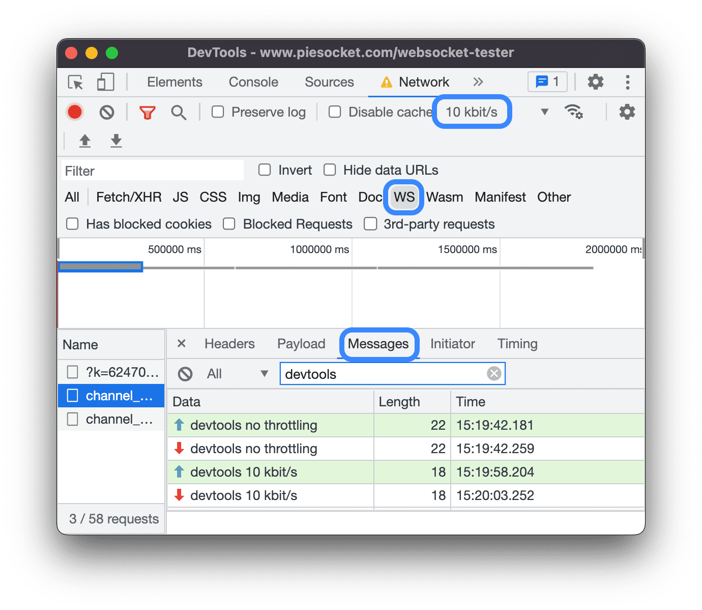 Pesan yang dikirim dan diulang dengan dan tanpa throttling.