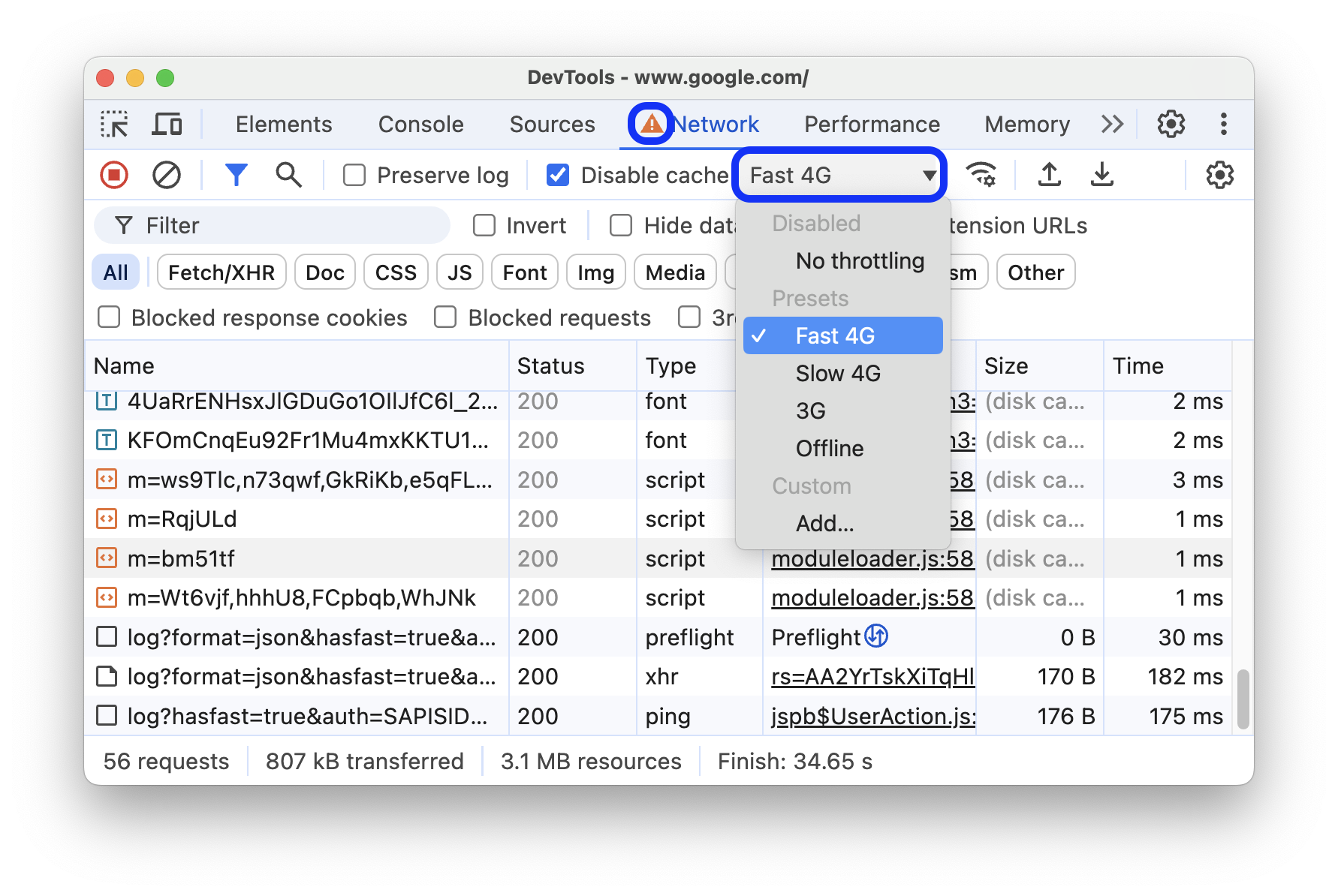 منوی کشویی throttling شبکه با از پیش تنظیم.