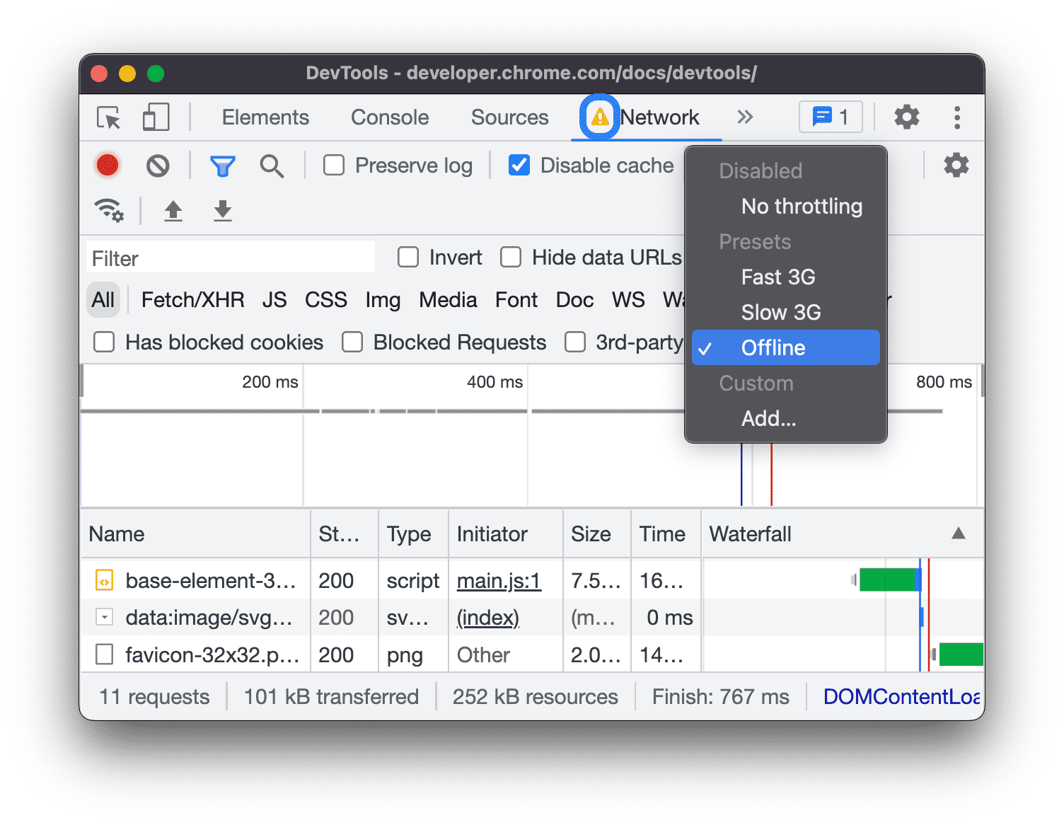 „Offline“ wurde im Drop-down-Menü ausgewählt.